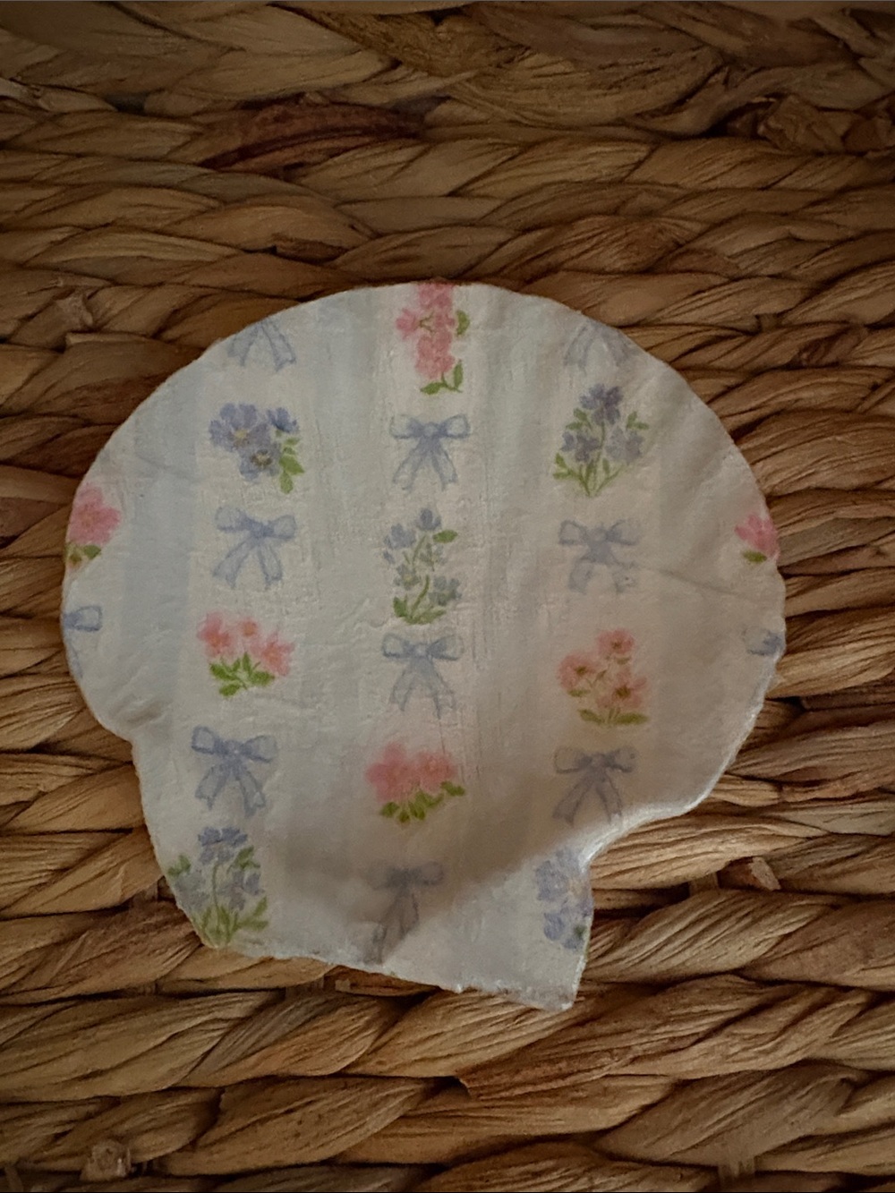 Hand Crafted White Floral Shell Accent with Pink flowers and Blue Bow Accents